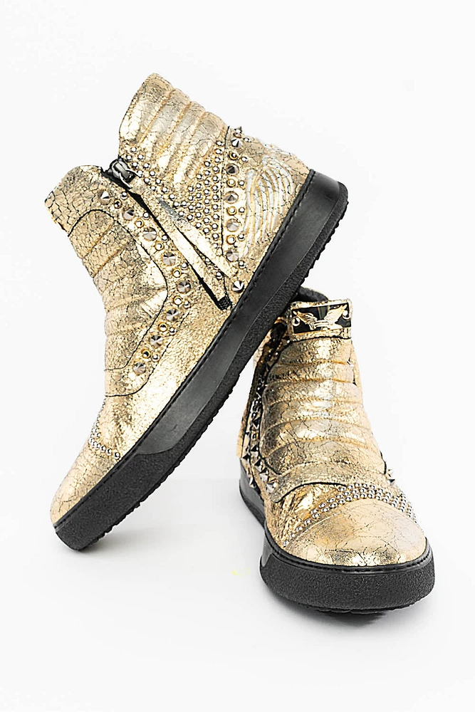 MENS MID TOP BIKER SHOES CRACKLED GOLD LEATHER WITH CRYSTALS AND STUDS EMBELLISHMENT