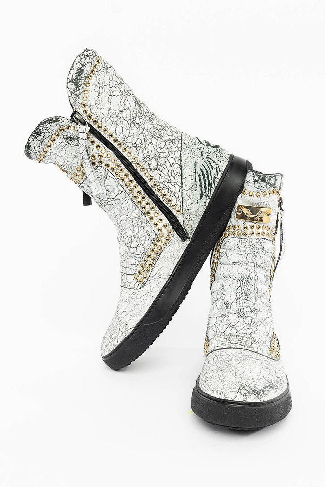 MENS HIGH TOP BIKER SHOES CRACKLED WHITE LEATHER WITH CRYSTAL EMBELLISHMENT DEFINITION