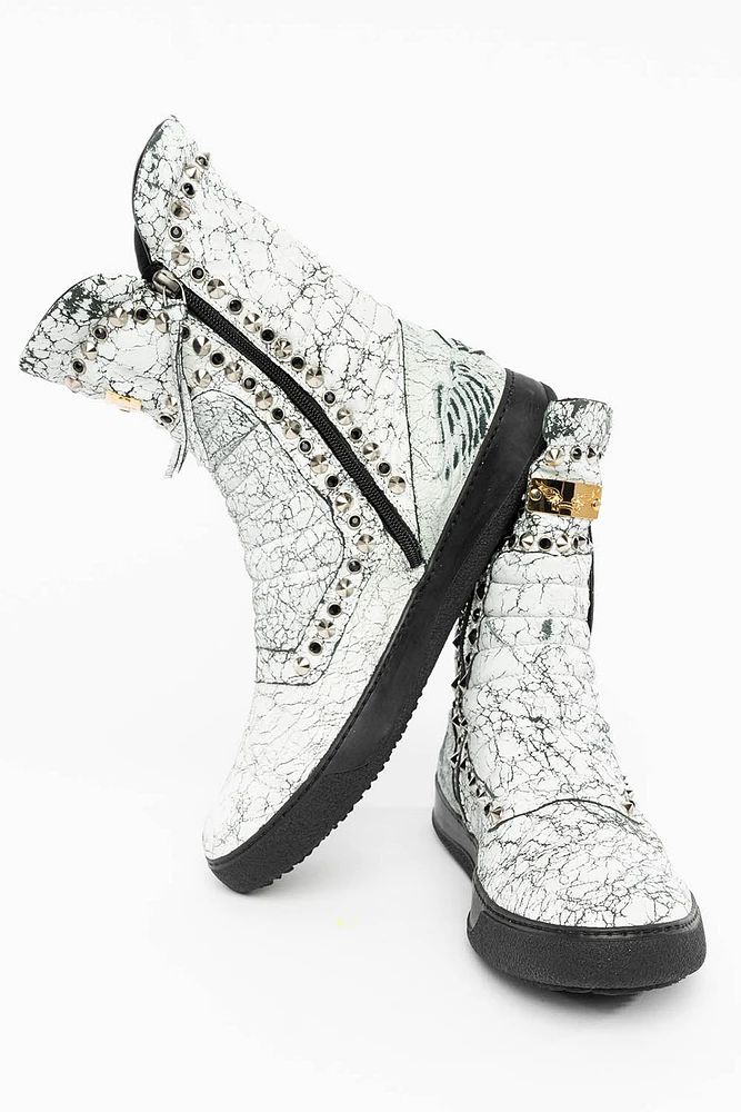 MENS HIGH TOP BIKER SHOES CRACKLED WHITE LEATHER WITH CRYSTALS AND SPIKE EMBELLISHMENT