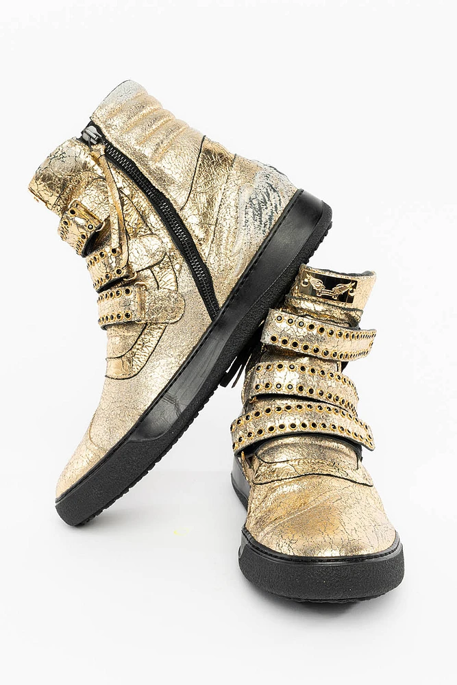 MENS HIGH TOP VELCRO SHOES CRACKLED GOLD LEATHER WITH CRYSTAL EMBELLISHMENT