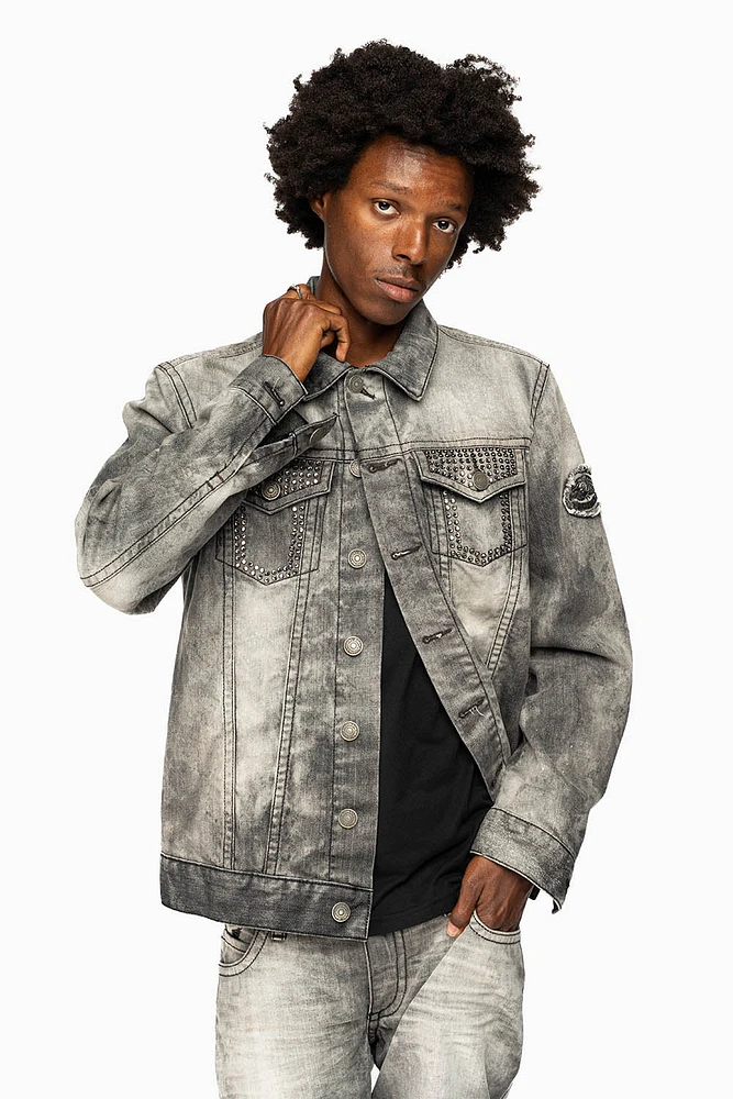 ROBINS MOTORCYCLE CLUB DENIM JACKET LIMITED EDITION GREY CHEROKEE WASH EMBELLISHED WITH CRYSTALS