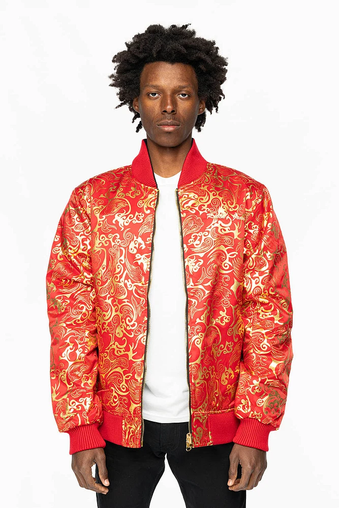 ROBIN’S REVERSIBLE VARSITY BOMBER JACKET RED/GOLD