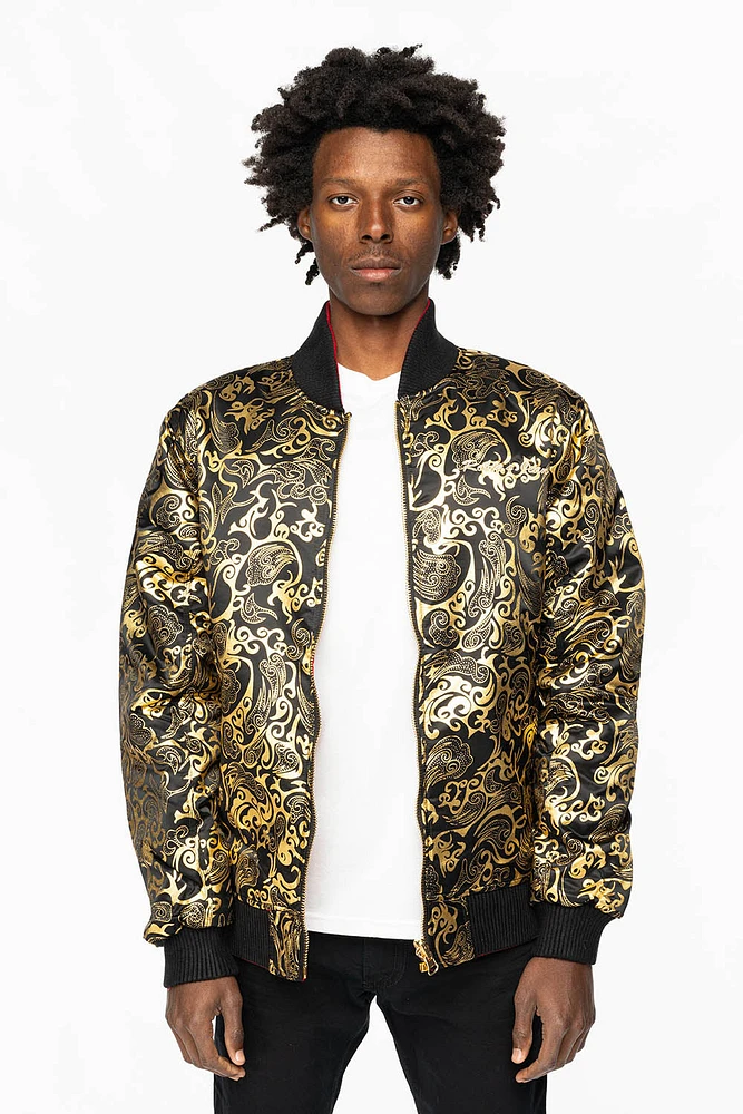 ROBIN’S REVERSIBLE VARSITY BOMBER JACKET BLACK/GOLD