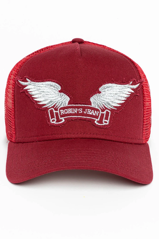 BURGUNDY TRUCKER HAT WITH SILVER WING LOGO EMBROIDERY