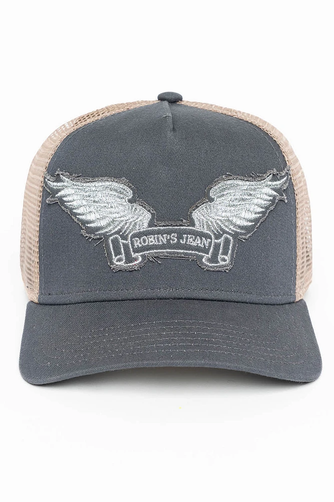CHARCOAL/BEIGE TRUCKER HAT WITH SILVER WING LOGO EMBROIDERY