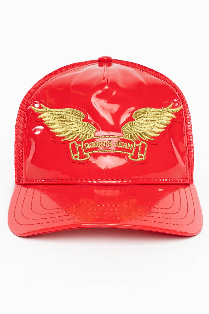 ROBIN’S CLASSIC WING CAP IN RED PATENT WITH GOLD EMBROIDERED LOGO