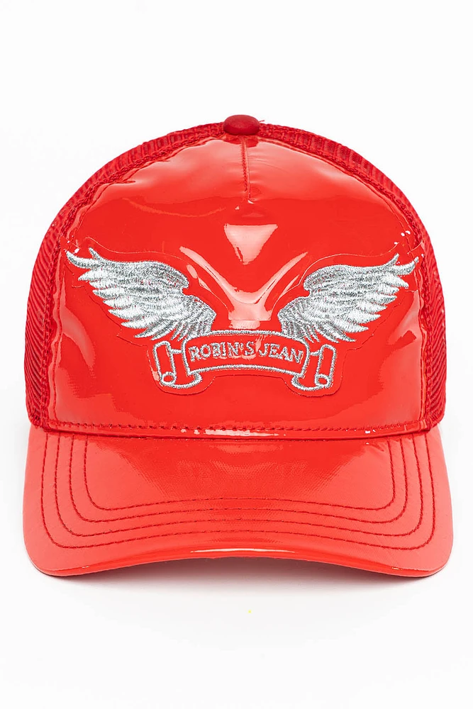 ROBIN’S CLASSIC WING CAP IN RED PATENT WITH SILVER EMBROIDERED LOGO