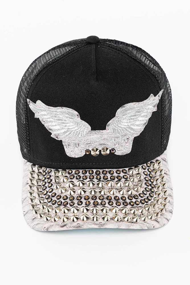 BLK/GREY OSTRICH TRUCKER HAT WITH MASSIVE EMBELLISHMENT