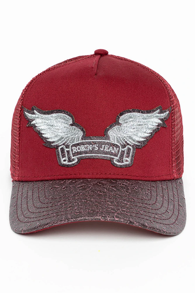 WINE OSTRICH TRUCKER HAT WITH SILVER WING LOGO EMBROIDERY