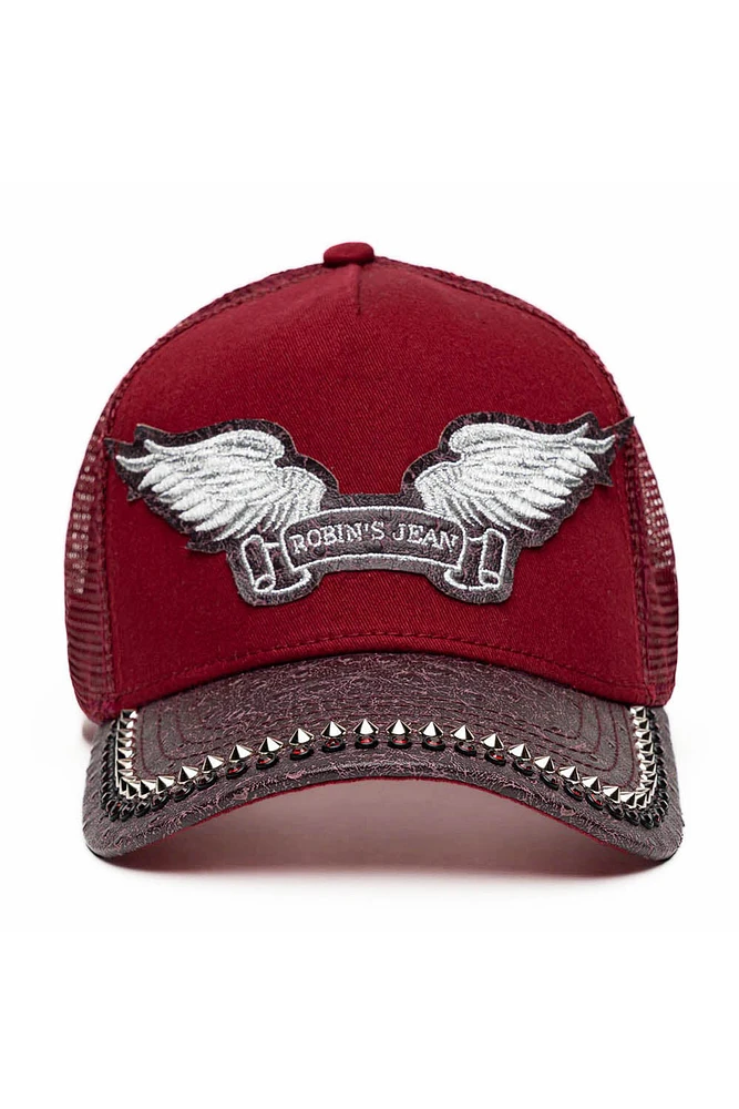 WINE OSTRICH TRUCKER HAT WITH SILVER SPIKE/ CRYSTAL EMBELLISHMENT