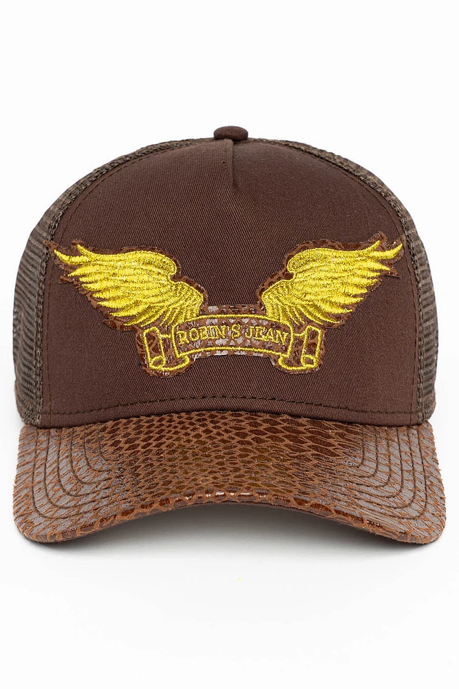 BROWN PYTHON TRUCKER HAT WITH ROBIN’S SIGNATURE WING LOGO IN GOLD EMBROIDERY