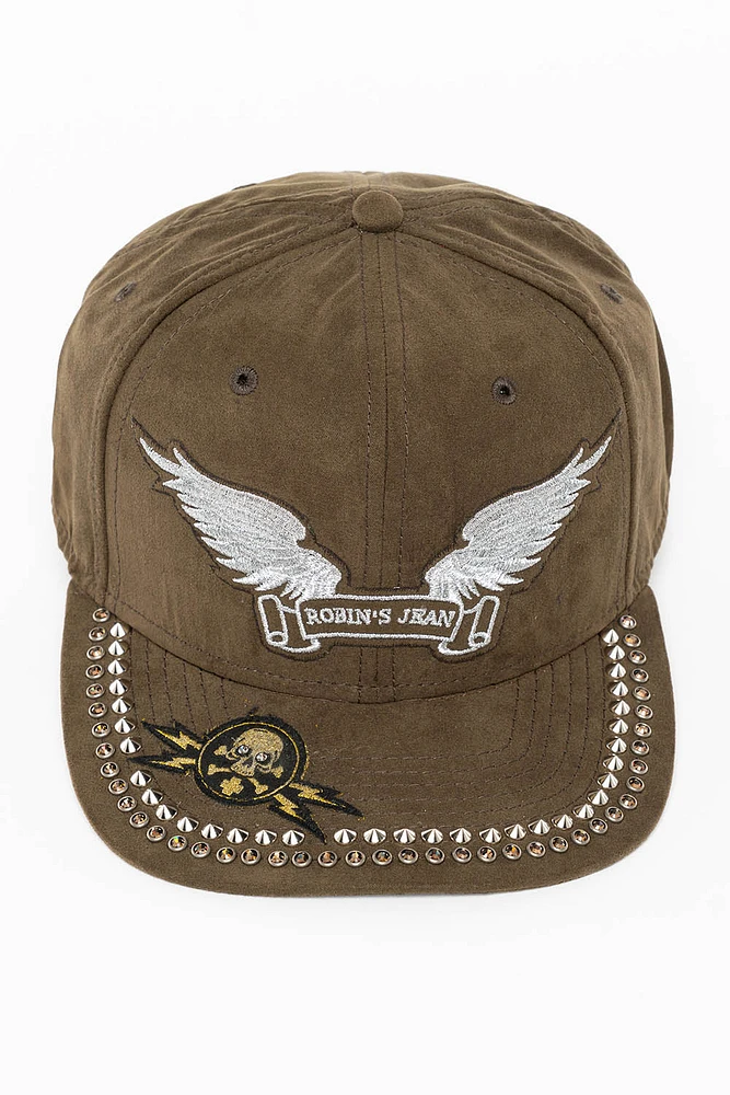 MICRO SUEDE CAP IN OLIVE COLOR IN SILVER WING LOGO EMBROIDERY