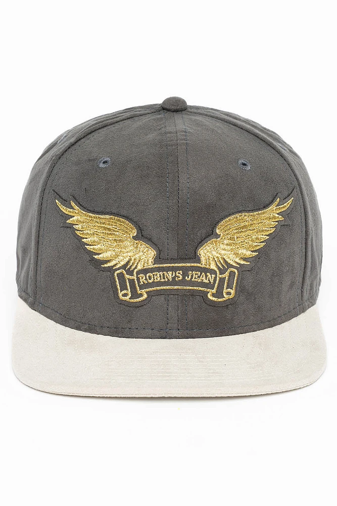 MICRO SUEDE CAP IN CHARCOAL/STONE COLOR IN GOLD WING LOGO EMBROIDERY