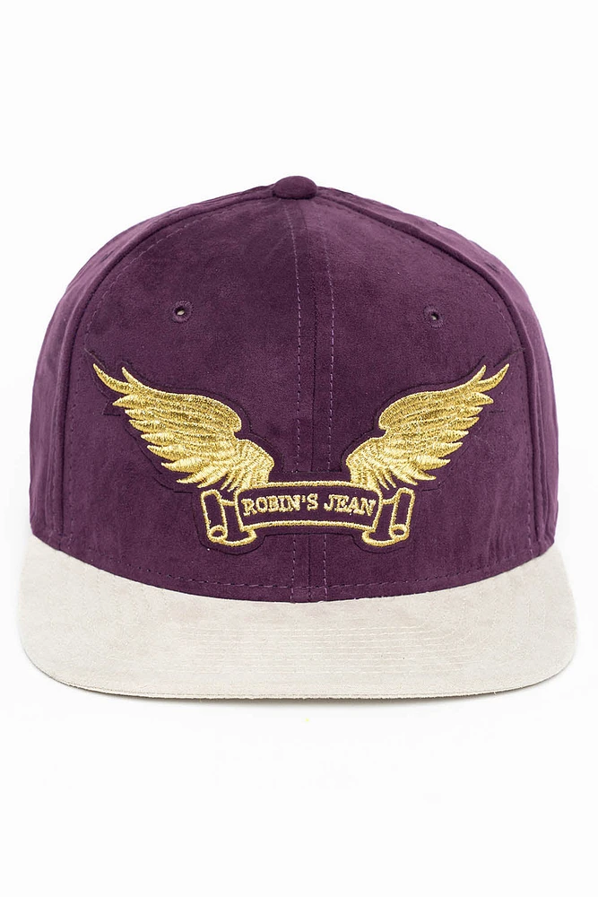 MICRO SUEDE CAP IN GRAPE/STONE COLOR IN GOLD WING LOGO EMBROIDERY