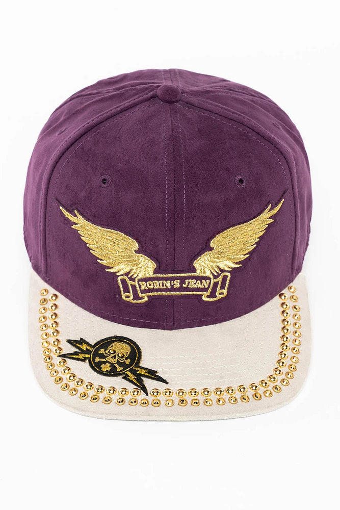 MICRO SUEDE CAP IN GRAPE/STONE COLOR WITH GOLD EMBROIDERY WINGS STUDS AND CRYSTALS