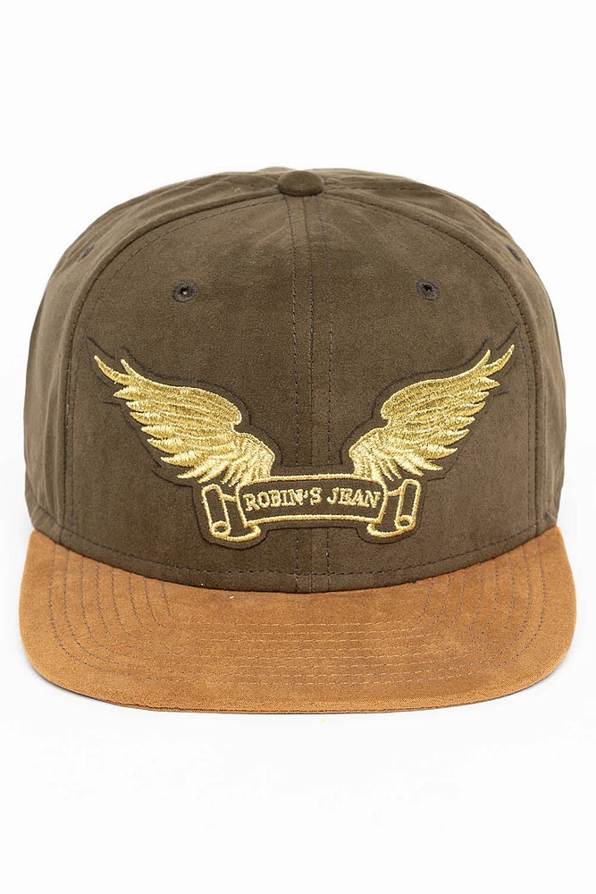 MICRO SUEDE CAP IN OLIVE /CAMEL COLOR IN GOLD WING LOGO EMBROIDERY