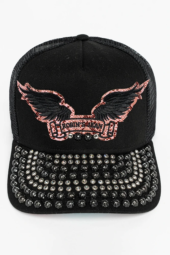 BLACK/SALMOM TRUCKER HAT WITH ROBIN’S SIGNATURE WING LOGO WITH EMBELLISHMENT