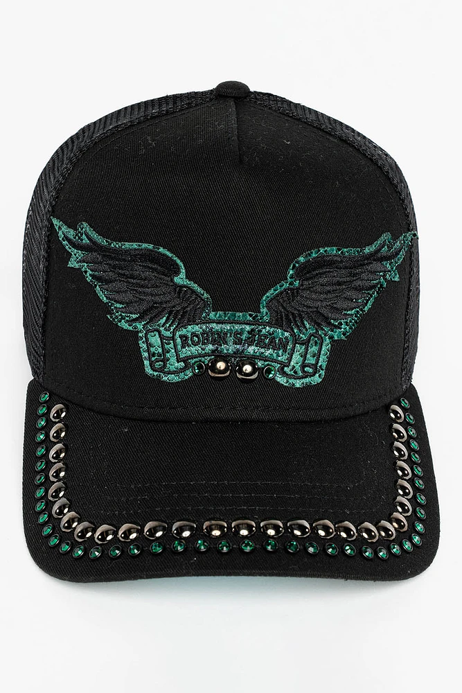 BLACK TRUCKER HAT WITH ROBIN’S SIGNATURE WING LOGO IN GREEN PYTHON WITH EMBALISHMENT