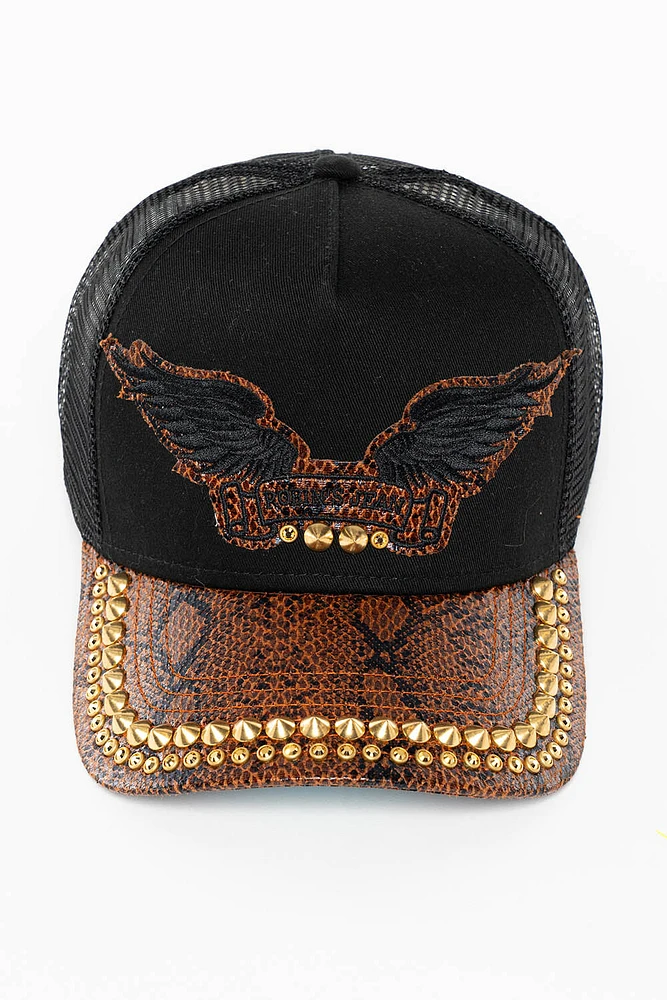 BLACK AND BROWN PYTHON TRUCKER HAT WITH ROBINS SIGNATURE WING AND CRYSTALS