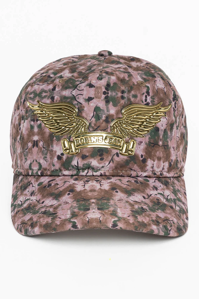 GREEN CAMO SNAPBACK HAT WITH GOLD EMBOSSED WINGS
