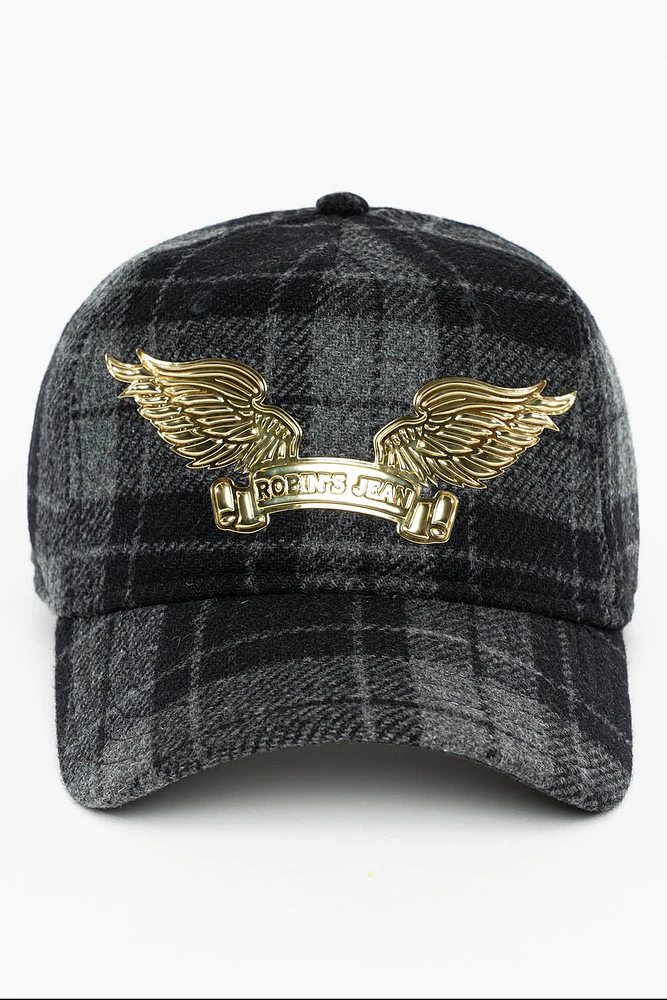 PLAID CAP IN CHARCOAL WITH GOLD EMBOSSED ROBIN’S SIGNATURE WING