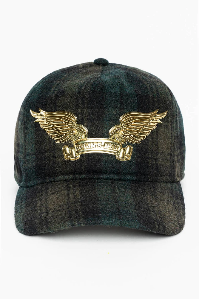 PLAID CAP IN WITH GOLD EMBOSSED ROBIN’S SIGNATURE WING