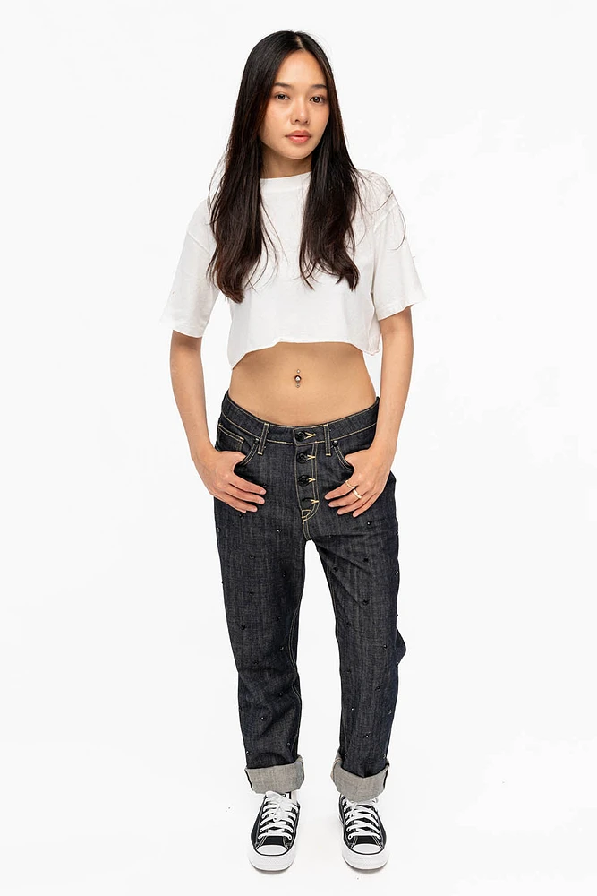 WOMENS BOYFRIEND STYLE JEANS RELAXED FIT WITH JET BLACK CRYSTALS RAW
