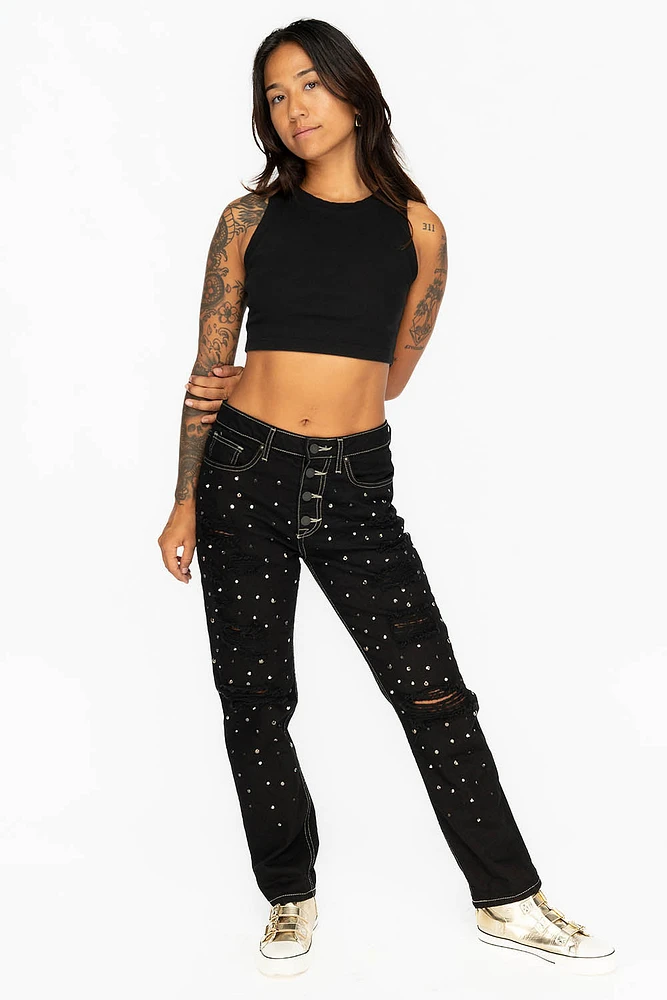 BOYFRIEND JEANS PURE BLACK WITH AND SILVER STUDS & CRYSTALS