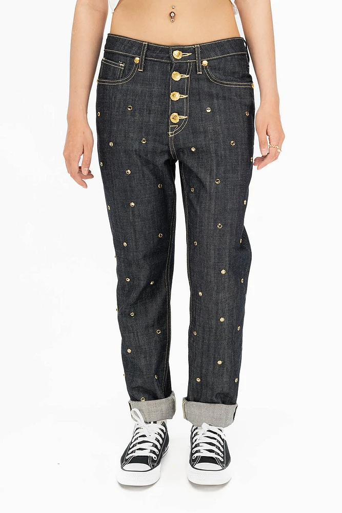WOMENS BOYFRIEND STYLE JEANS WITH BLACK DIAMOND CRYSTALS RAW