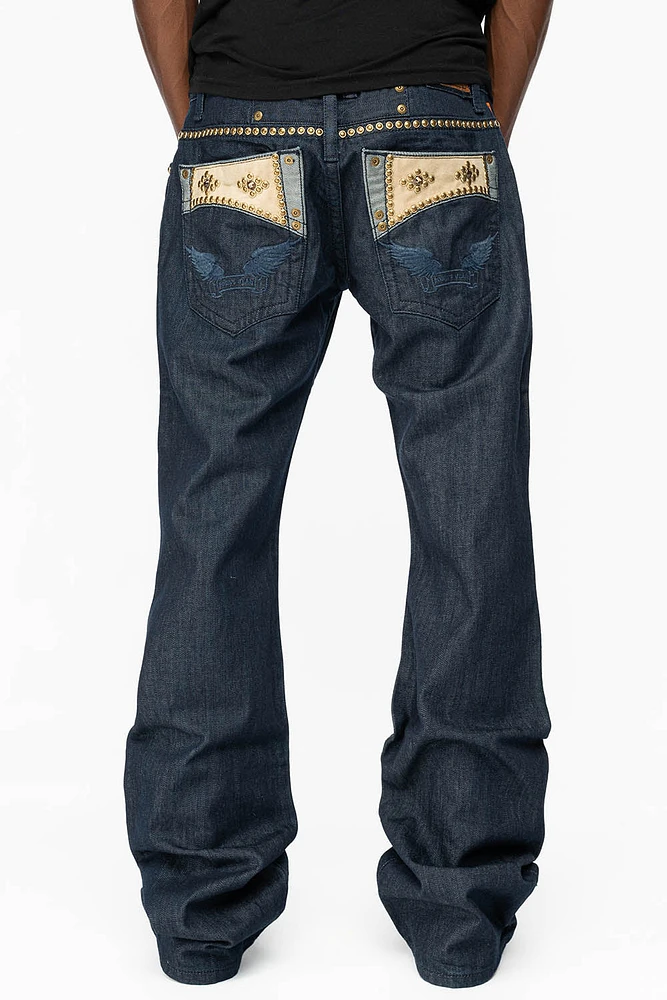 WESTERN BOOT CUT JEAN WITH ULTRA SUEDE POCKET EMBELLISHED CRYSTALS AND STUDS RINSE WASH