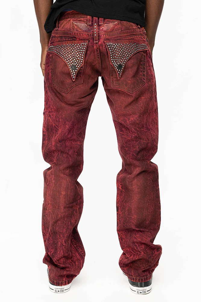 KILLER FLAP STRAIGHT LEG JEANS WITH FULL CRYSTALS OIL RED SPECIALTY WASH