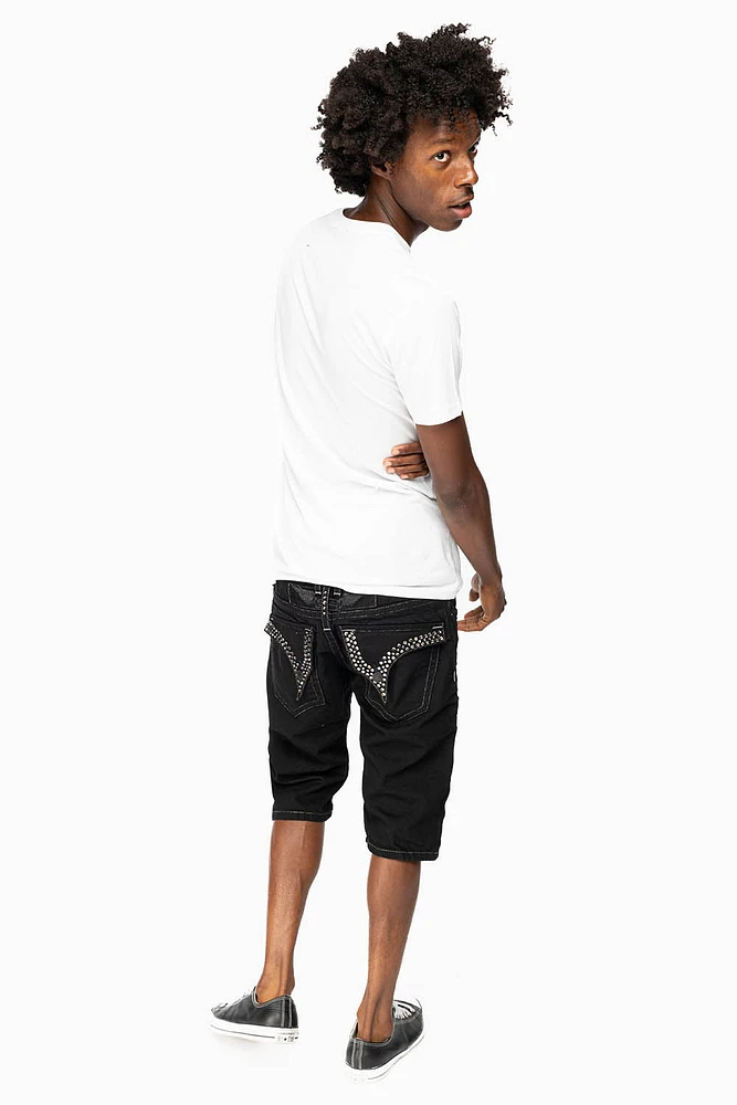 LIMITED EDITION MENS SHORTS WITH FLAP POCKETS PURE BLK WASH DIAMOND CRYSTALS