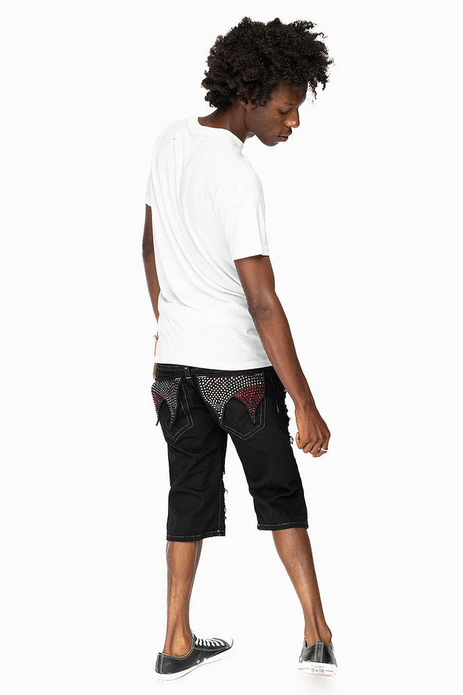 MENS LIMITED EDITION DOUBLE FLAP DESTROYED SHORTS PURE BLACK WASH WITH CRYSTALS