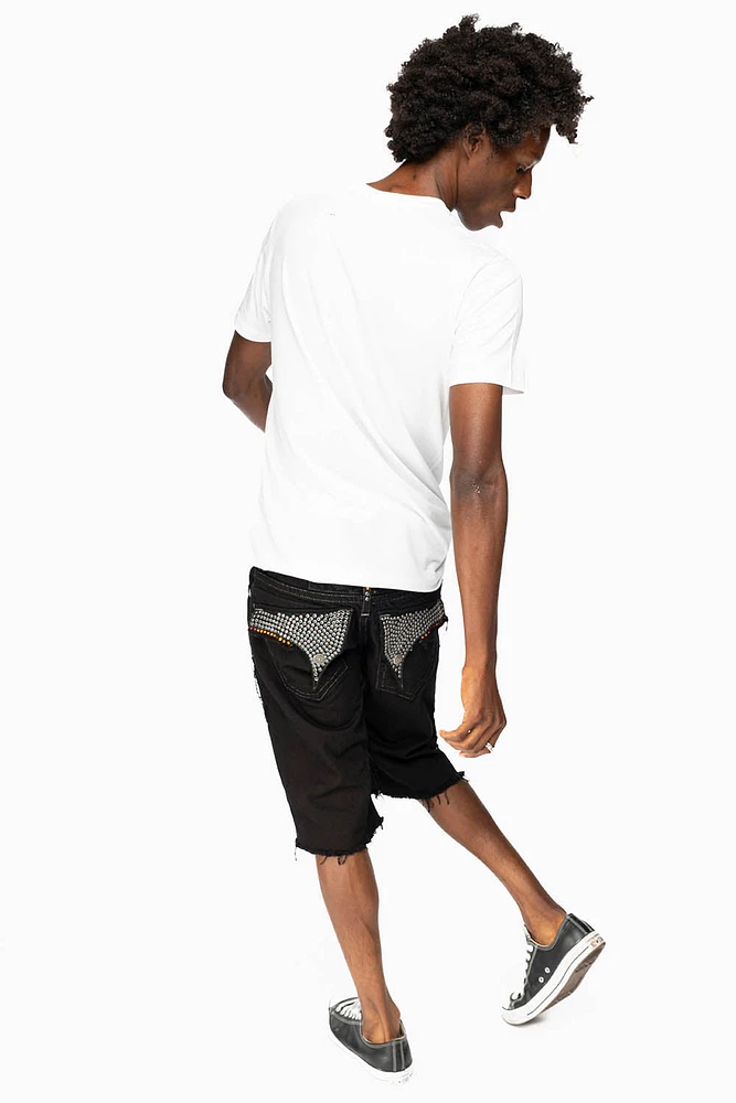 MENS LIMITED EDITION DESTROYED SHORTS WITH FLAP POCKET PURE BLACK WASH CRYSTALS