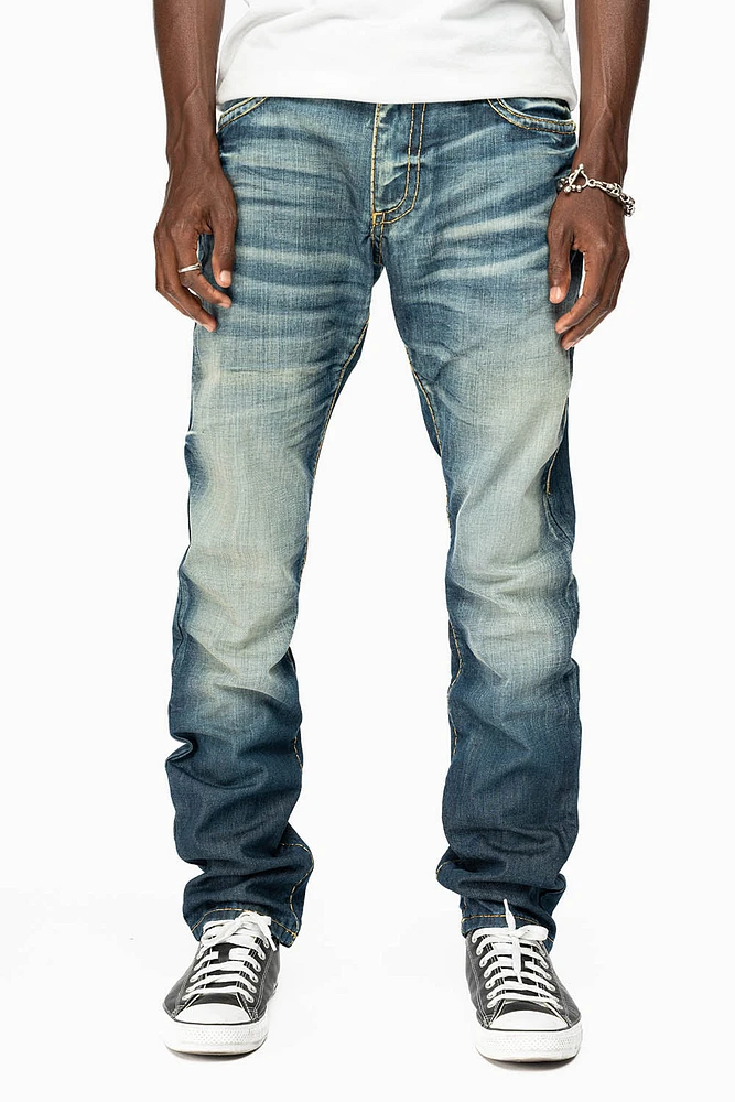 MENS LONG FLAP SLIM JEANS BLUE ALBANY DARK WASH WITH CLEAR CRYSTALS