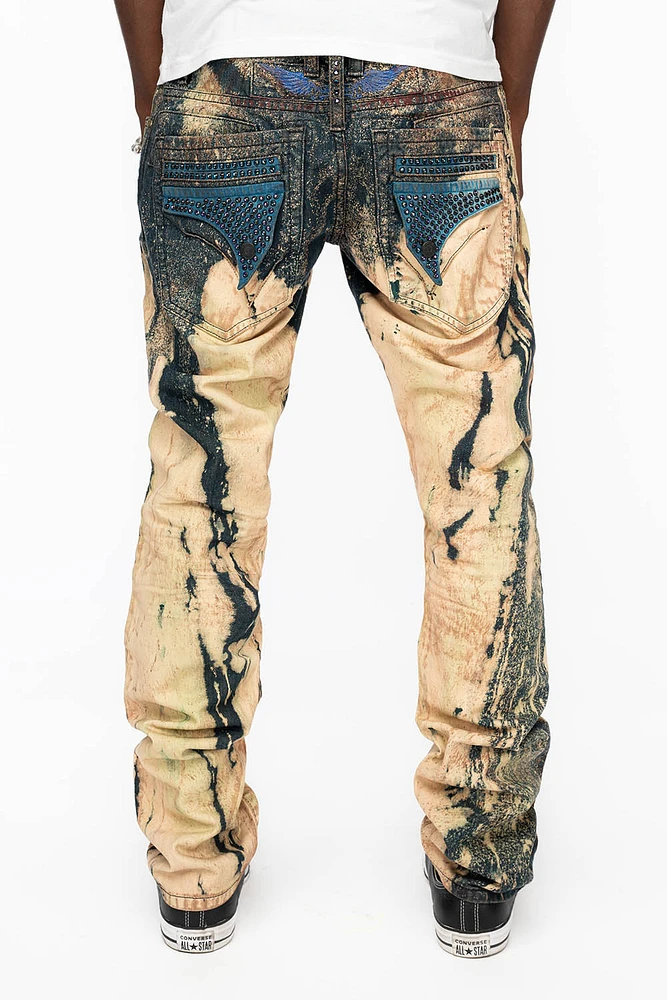 MENS FLAP POCKET SKINNY JEANS GRAFFITI WASH WITH CRYSTALS