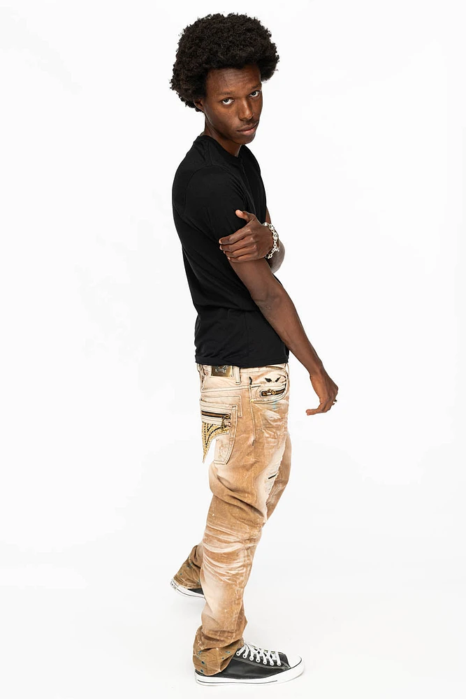 MINI FLAP MENS SLIM JEANS AMARETO DESTROY BACKING WITH CRYSTALS