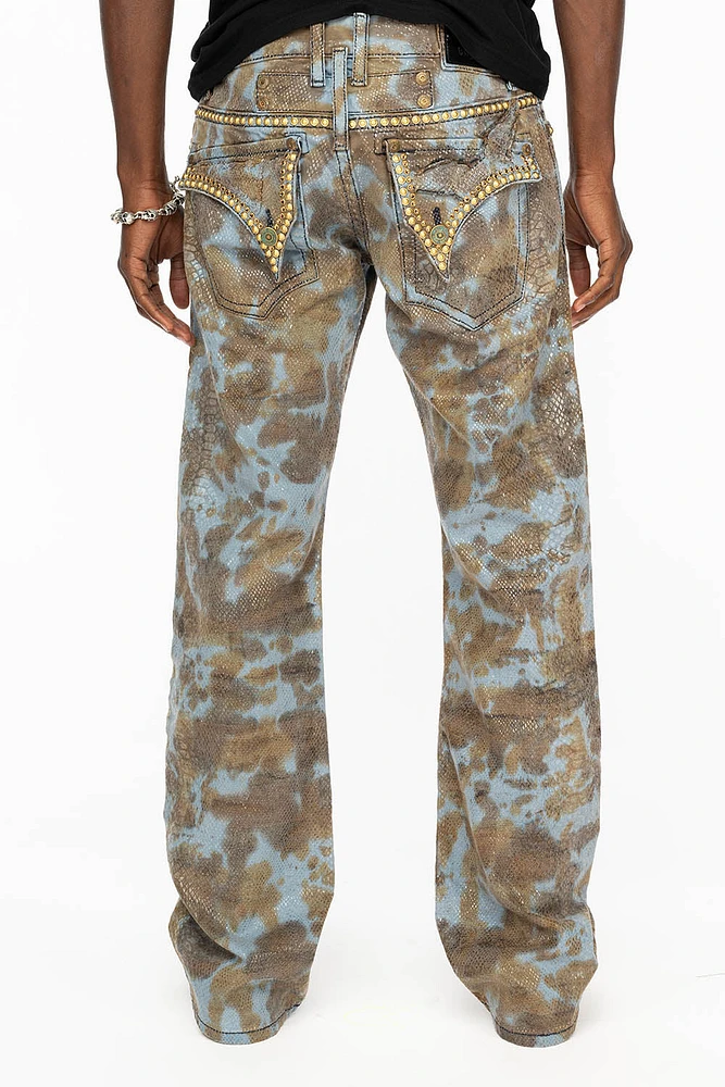 MENS LONG FLAP BOOT CUT JEANS SNAKE SKIN WASH WITH CRYSTALS AND STUDS