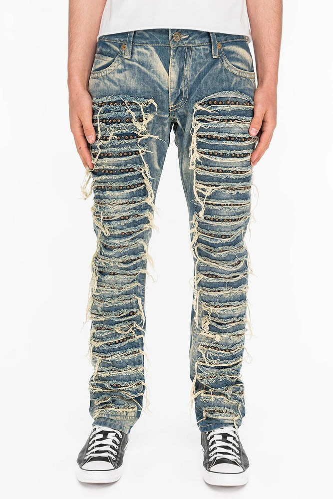 MARLON SLIM DESTROY WASHED DENIM JEANS BOSTON BLUE WITH STUDS AND CRYSTALS