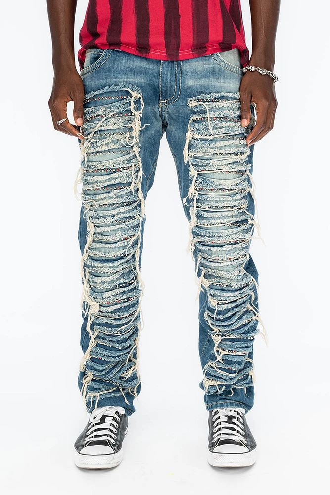 MARLON RIPPED,BROKEN HAND REPAIRED DENIM JEANS MANDAN BLUE WITH STUDS AND CRYSTALS