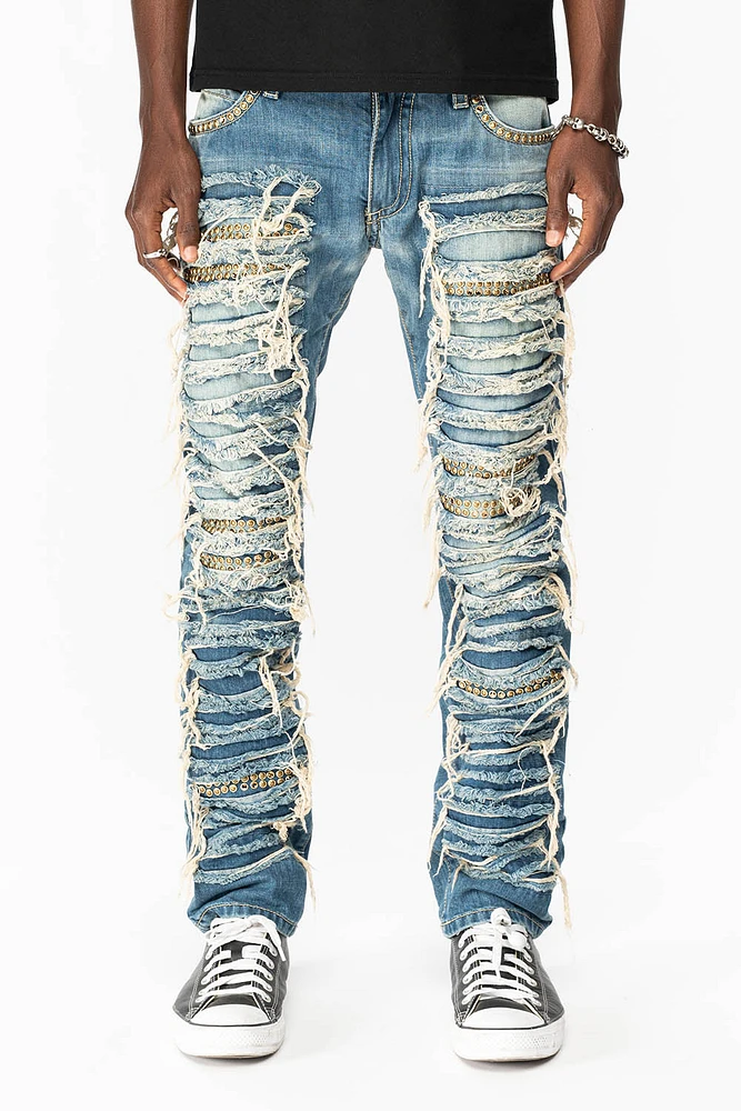 MARLON RIPPED,BROKEN HAND REPAIRED DENIM JEANS MANDAN BLUE WITH SMOKEY TOPAZ CRYSTALS AND NAILHEADS