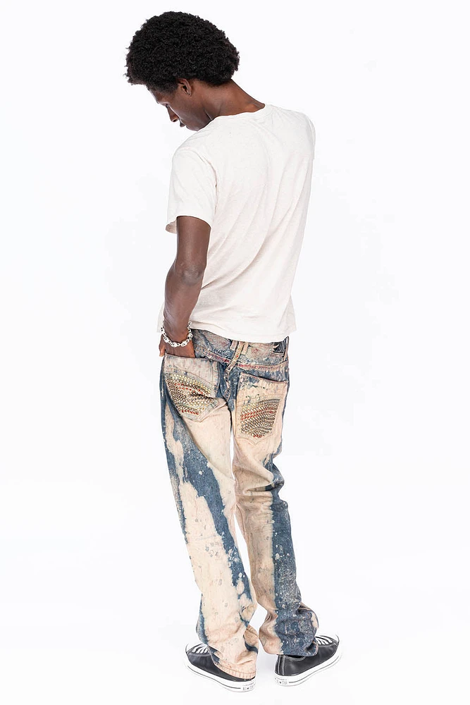 CLASSIC 5 POCKET STRAIGHT LEG BLUE -BEIGE GRAFFITI WASH WITH CRYSTALS & STUDS