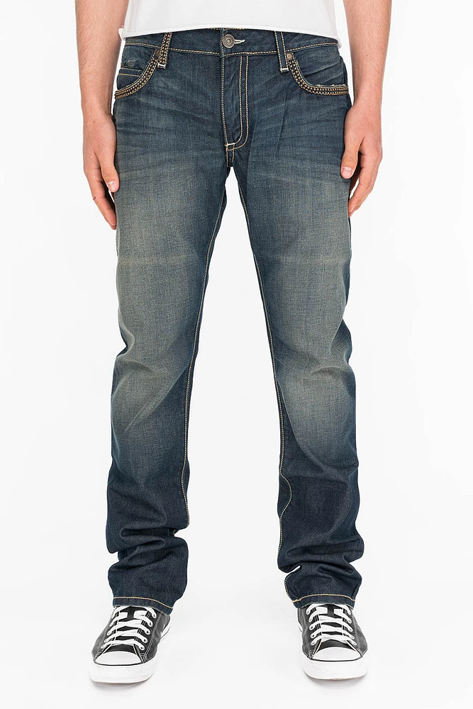 MENS CLASSIC 5 POCKET STRAIGHT LEG JEANS SMOKY DARK WITH STUDS