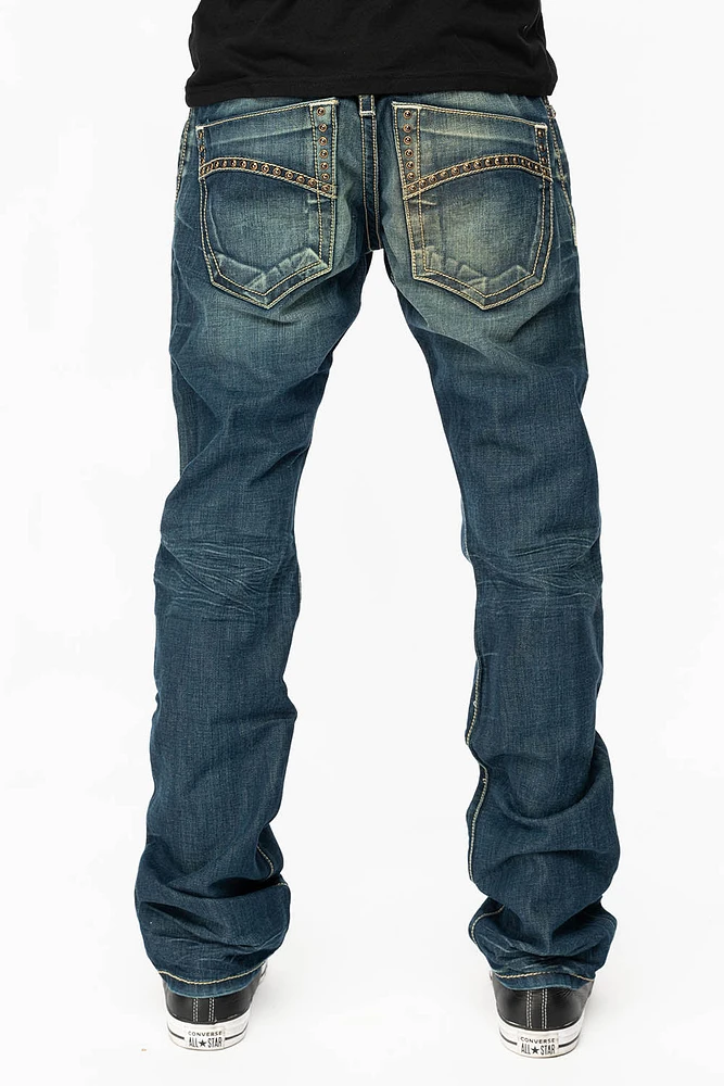 MENS CLASSIC 5 POCKET STRAIGHT LEG JEANS BLUE DARK WASH WITH STUDS