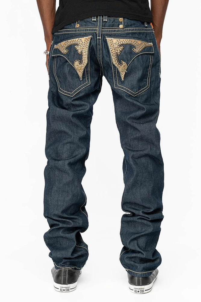 WESTERN RODEO DESIGN LEATHER FLAPS JEAN WITH EMBELLISHMENTS RINSE WASH