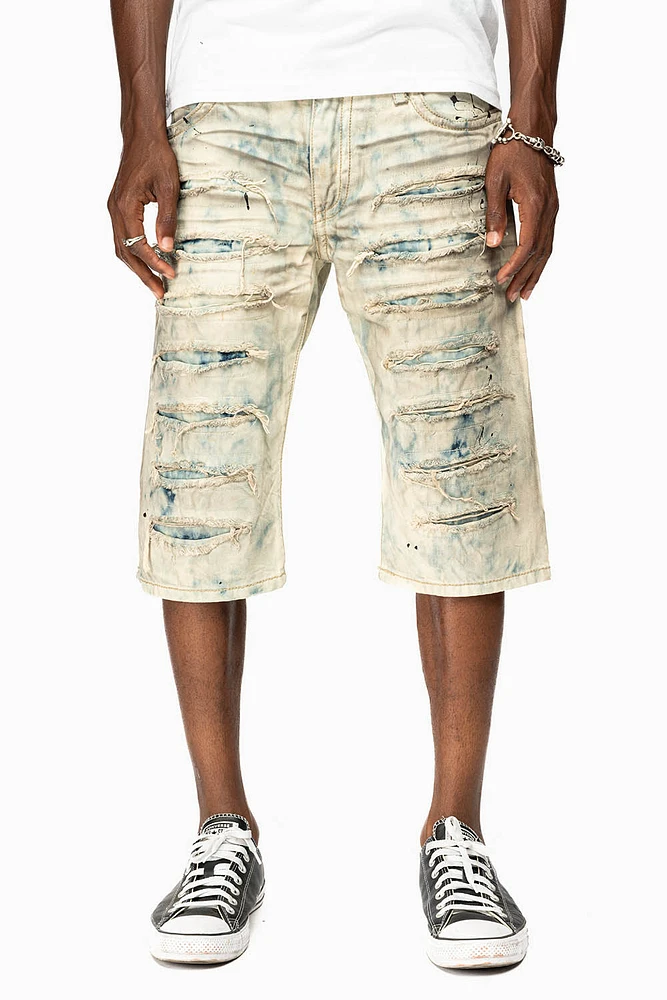 MENS DESTROYED SHORTS WITH KILLER FLAP POCKET FROZEN WASH STUDS AND CRYSTALS