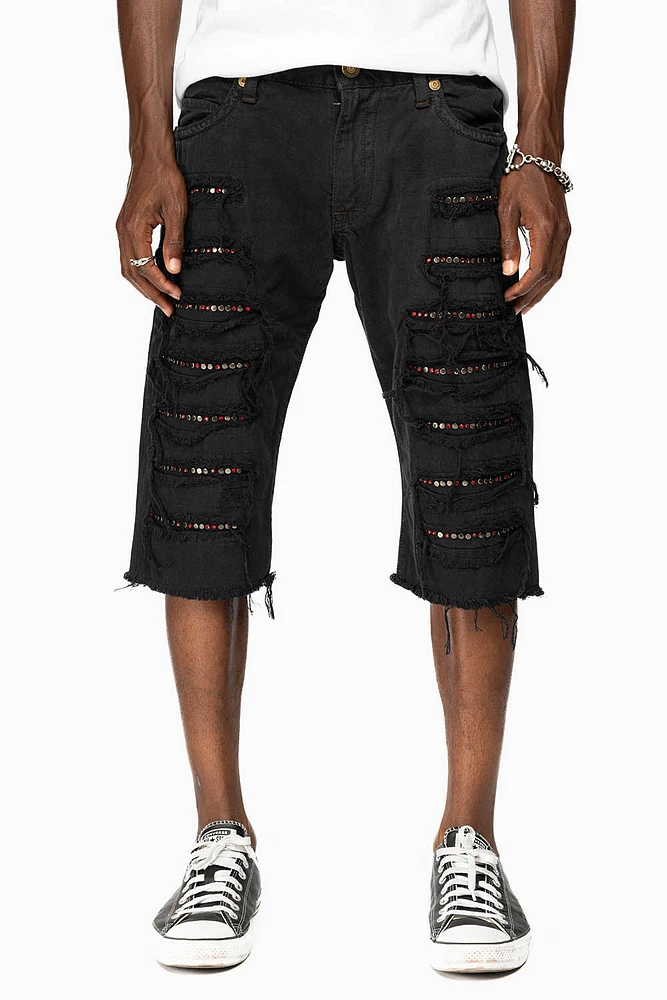 MENS DESTROYED SHORTS WITH KILLER FLAP POCKET BLACK STUDS AND CRYSTALS