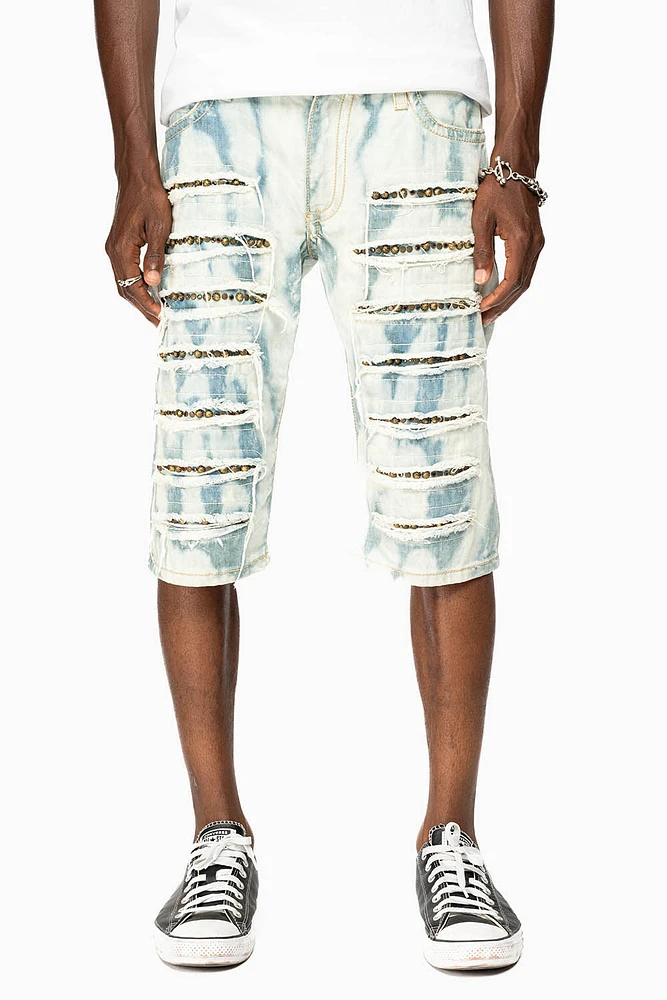 MENS DESTROYED SHORTS WITH KILLER FLAP POCKET FLORENCE WASH STUDS AND CRYSTALS