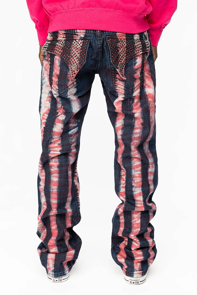 GYPSY STRAIGHT LEG RE-PATCHED JEANS EMBELLISHED WITH FULL RED CRYSTALS PRISONER