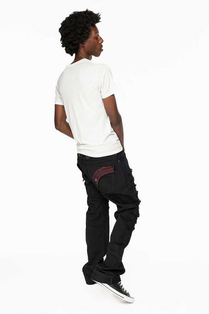GYPSY REPAIRED STRAIGHT LEG JEANS LIMITED EDITION PURE BLK AND EMBELLISHED WITH RED CRYSTALS